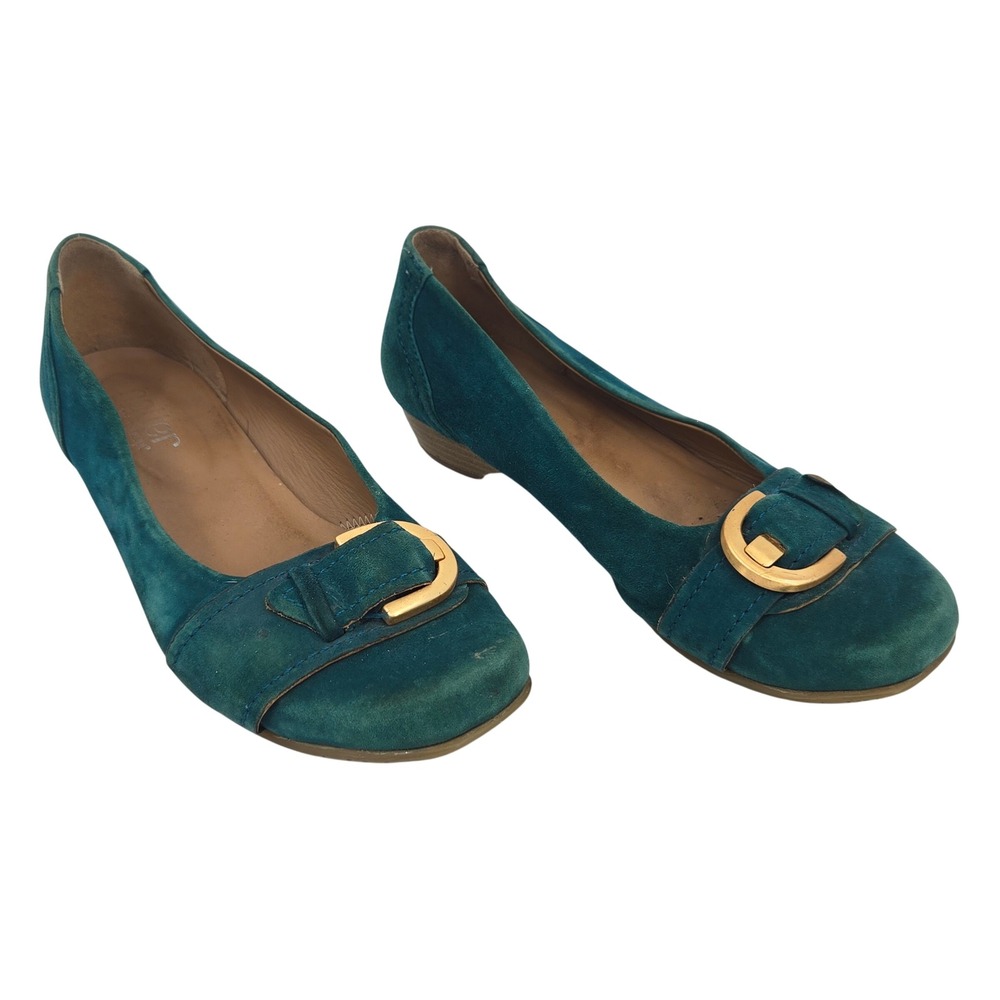 Hotter Darcey Pumps Womens 7.5 Teal Suede Buckle Shoes Career Casual Office Mod